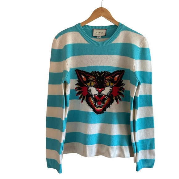 GUCCI Angry Cat-Intarsia Wool Striped Sweater Blue White L - Picture 2 of 12